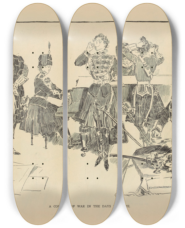 Triptych art skateboard deck of Charles Dana Gibson A Council Of War In The Days To Come_2 by Charles Dana Gibson (1867-1944)