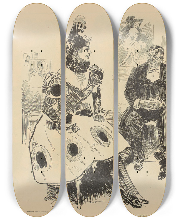 Triptych art skateboard deck of Charles Dana Gibson After The Performance_2 by Charles Dana Gibson (1867-1944)