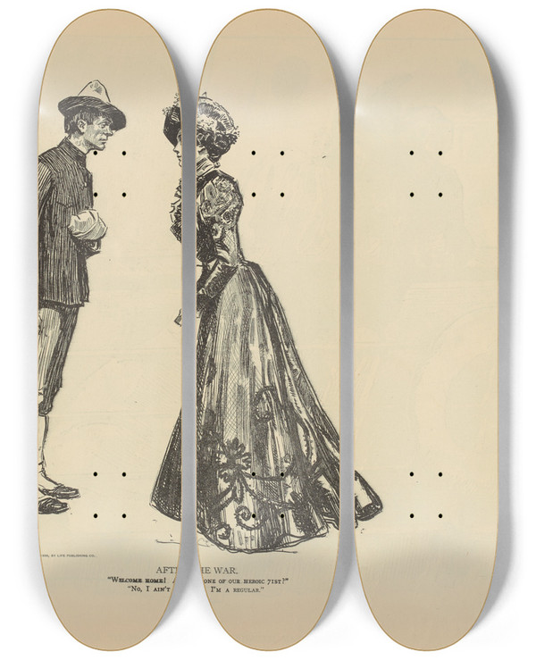 Triptych art skateboard deck of Charles Dana Gibson After The War by Charles Dana Gibson (1867-1944)