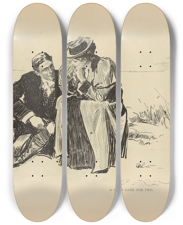 Triptych art skateboard deck of Charles Dana Gibson A Good Game For Two by Charles Dana Gibson (1867-1944)