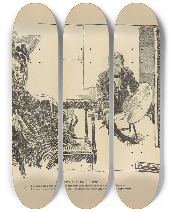 Triptych art skateboard deck of Charles Dana Gibson A Necessary Ingredient by Charles Dana Gibson (1867-1944)