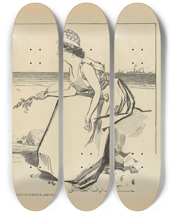 Triptych art skateboard deck of Charles Dana Gibson Come Let Us Forgive And Forget by Charles Dana Gibson (1867-1944)
