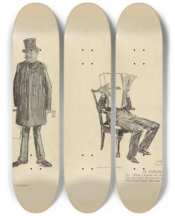 Triptych art skateboard deck of Charles Dana Gibson Doubtful by Charles Dana Gibson (1867-1944)