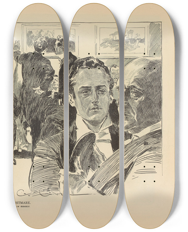 Triptych art skateboard deck of Charles Dana Gibson Her Nightmare_2 by Charles Dana Gibson (1867-1944)