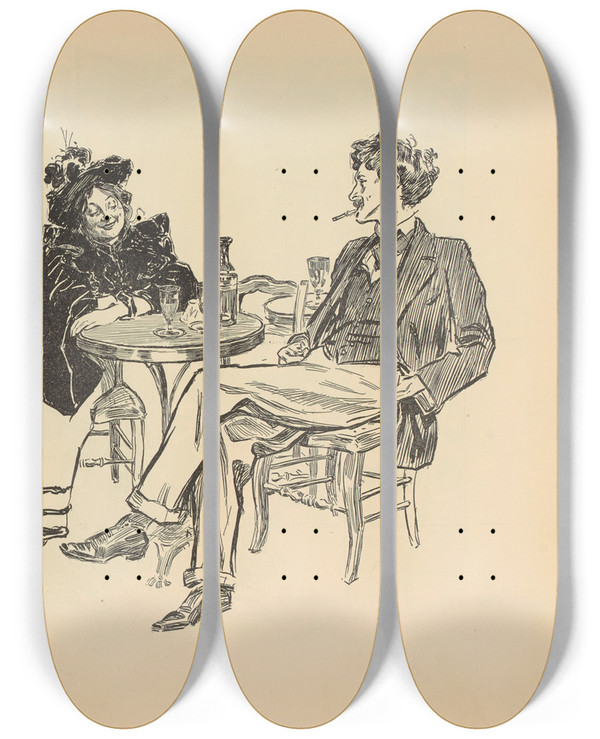 Triptych art skateboard deck of Charles Dana Gibson In Paris A Caf Artist by Charles Dana Gibson (1867-1944)