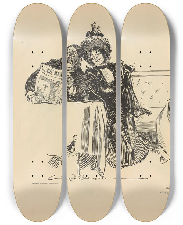 Triptych art skateboard deck of Charles Dana Gibson In Paris At The Caf Americain by Charles Dana Gibson (1867-1944)