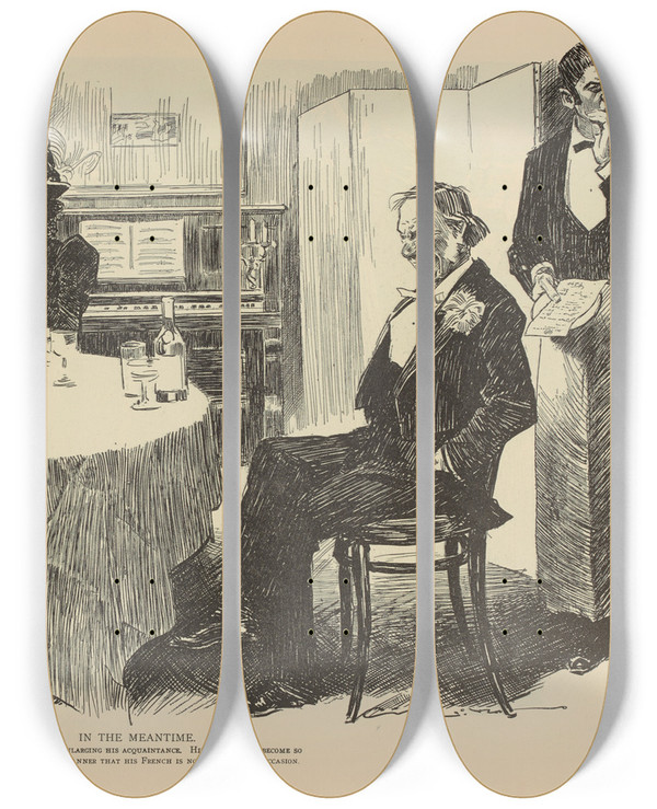 Triptych art skateboard deck of Charles Dana Gibson In The Meantime by Charles Dana Gibson (1867-1944)