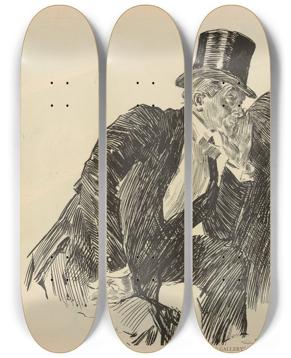 Triptych art skateboard deck of Charles Dana Gibson In The Whispering Gallerya Small Loan by Charles Dana Gibson (1867-1944)