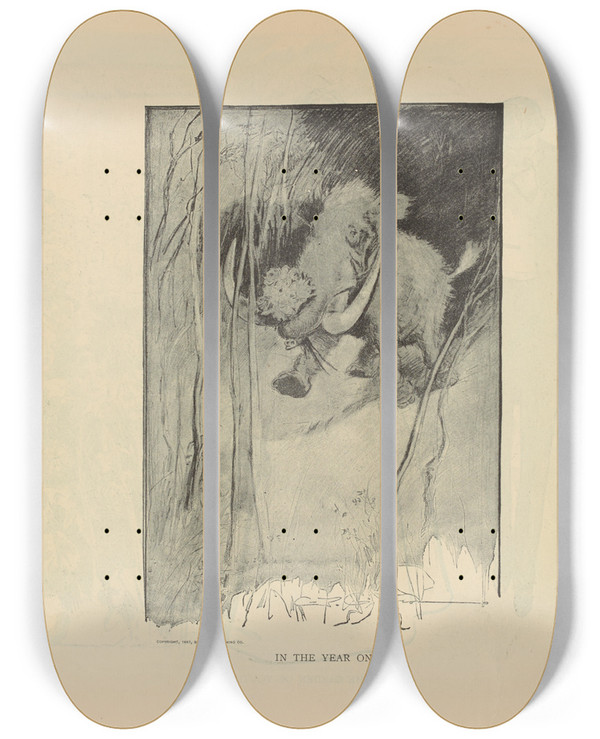 Triptych art skateboard deck of Charles Dana Gibson In The Year One by Charles Dana Gibson (1867-1944)