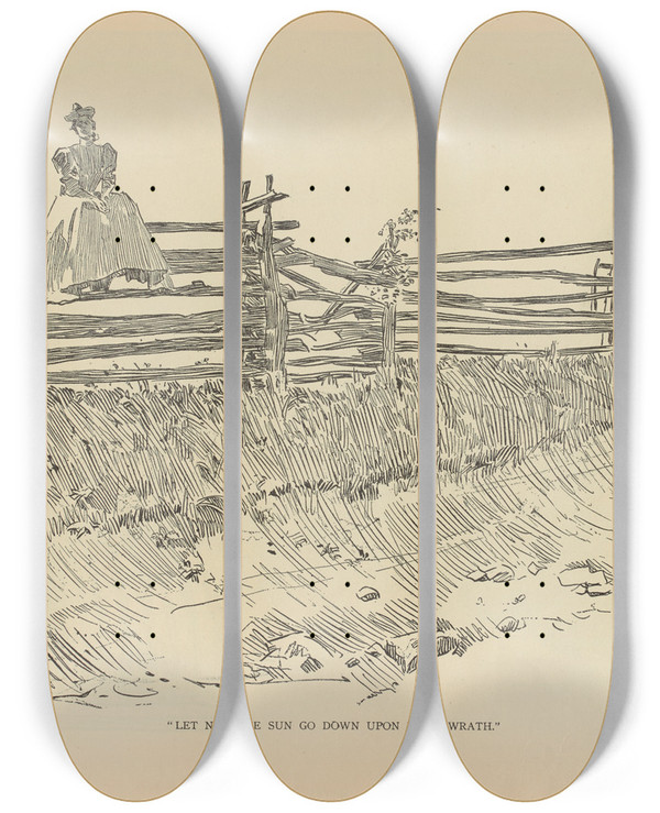 Triptych art skateboard deck of Charles Dana Gibson Let Not The Sun Go Down Upon Your Wrath by Charles Dana Gibson (1867-1944)