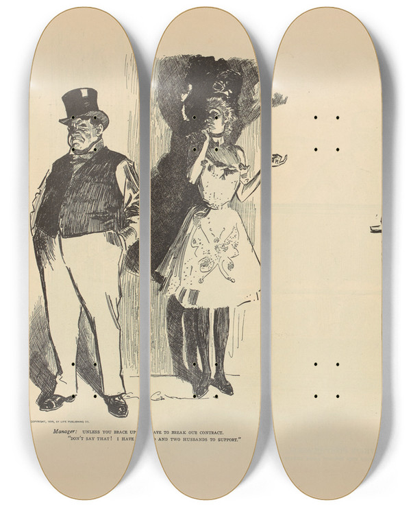 Triptych art skateboard deck of Charles Dana Gibson Manager Unless You Brace Up Ill Have To Break Our Contract_2 by Charles Dana Gibson (1867-1944)
