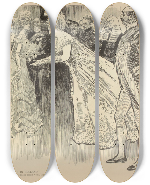 Triptych art skateboard deck of Charles Dana Gibson Once More In England by Charles Dana Gibson (1867-1944)