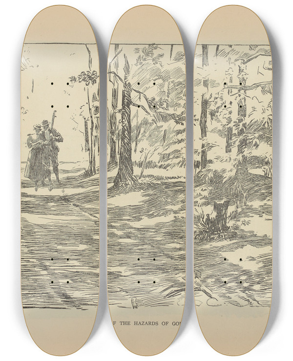 Triptych art skateboard deck of Charles Dana Gibson One Of The Hazards Of Golf by Charles Dana Gibson (1867-1944)
