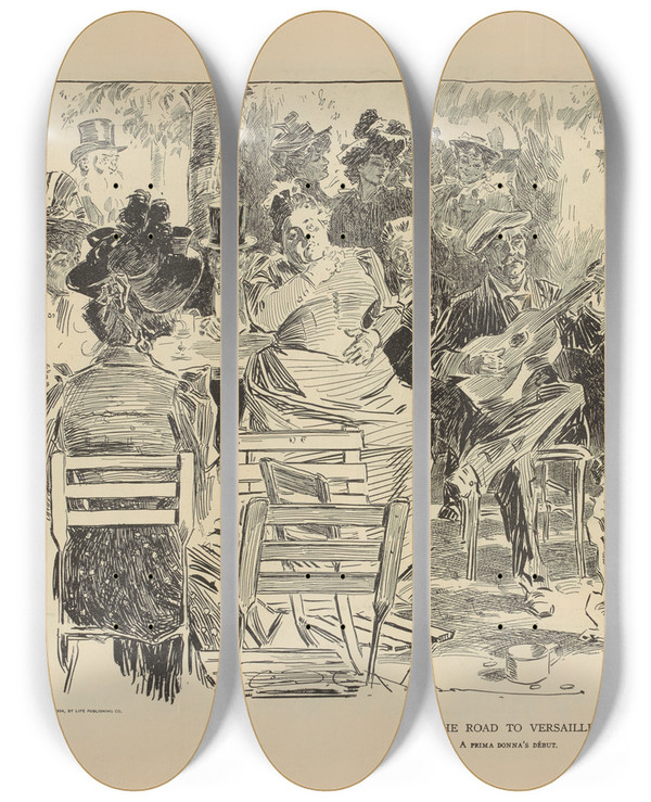 Triptych art skateboard deck of Charles Dana Gibson On The Road To Versailles_2 by Charles Dana Gibson (1867-1944)