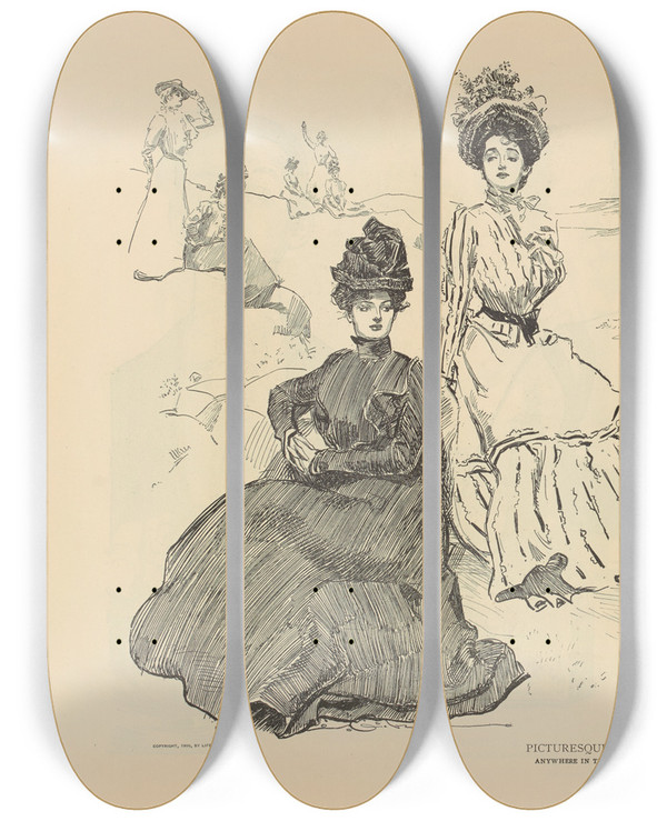 Triptych art skateboard deck of Charles Dana Gibson Picturesque America by Charles Dana Gibson (1867-1944)