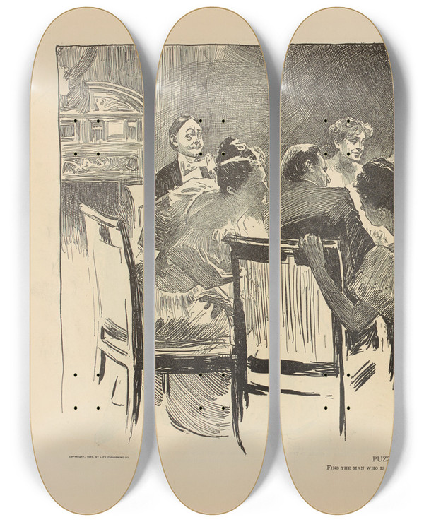 Triptych art skateboard deck of Charles Dana Gibson Puzzle Find The Man Who Is Paying For The Dinner_2 by Charles Dana Gibson (1867-1944)