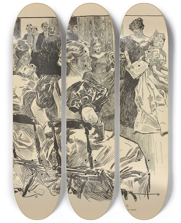 Triptych art skateboard deck of Charles Dana Gibson Puzzle Find The Married Man by Charles Dana Gibson (1867-1944)