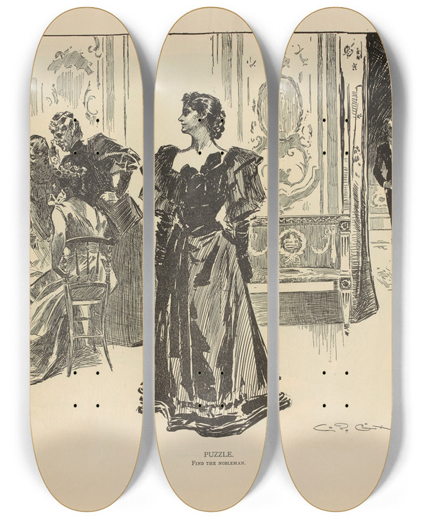 Triptych art skateboard deck of Charles Dana Gibson Puzzle Find The Nobleman_2 by Charles Dana Gibson (1867-1944)
