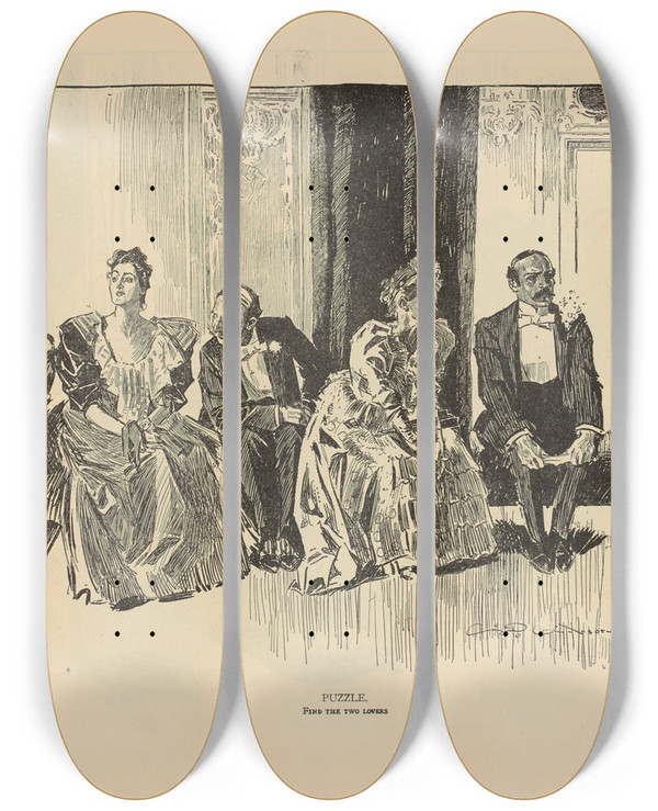 Triptych art skateboard deck of Charles Dana Gibson Puzzle Find The Two Lovers_2 by Charles Dana Gibson (1867-1944)