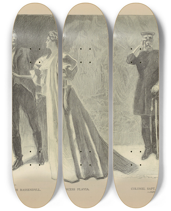 Triptych art skateboard deck of Charles Dana Gibson Rudolph Rassendyll Princess Flavia by Charles Dana Gibson (1867-1944)
