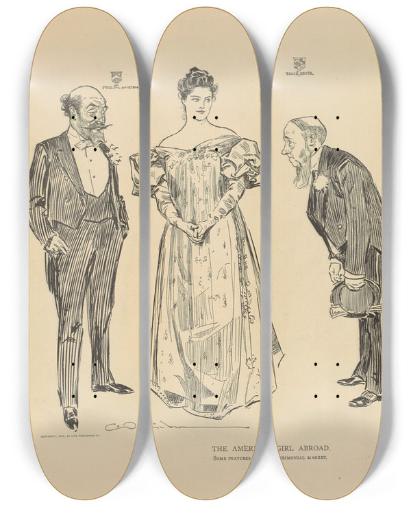 Triptych art skateboard deck of Charles Dana Gibson The American Girl Abroad Some Features Of The Matrimonial Market_2 by Charles Dana Gibson (1867-1944)