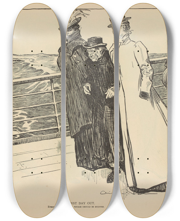 Triptych art skateboard deck of Charles Dana Gibson The First Day Out by Charles Dana Gibson (1867-1944)
