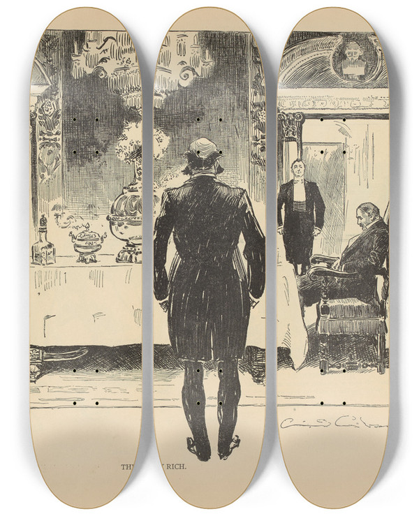 Triptych art skateboard deck of Charles Dana Gibson The Lucky Rich by Charles Dana Gibson (1867-1944)