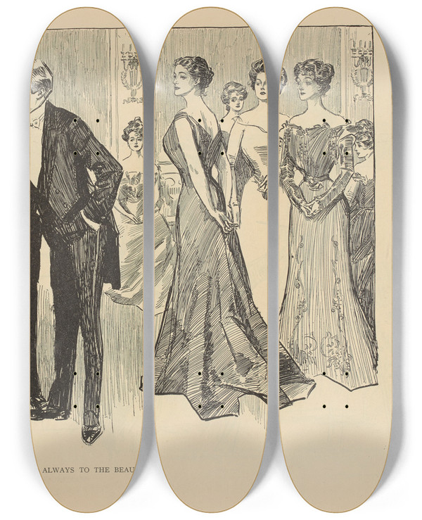 Triptych art skateboard deck of Charles Dana Gibson The Race Is Not Always To The Beautiful_2 by Charles Dana Gibson (1867-1944)