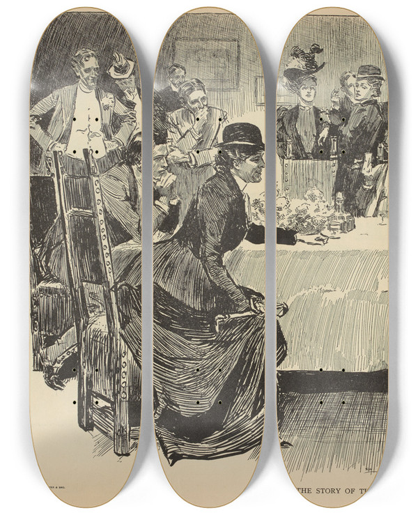 Triptych art skateboard deck of Charles Dana Gibson The Story Of The Hunt_2 by Charles Dana Gibson (1867-1944)