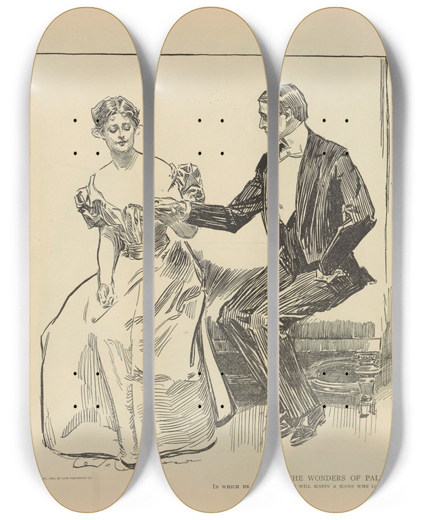 Triptych art skateboard deck of Charles Dana Gibson The Wonders Of Palmistry by Charles Dana Gibson (1867-1944)