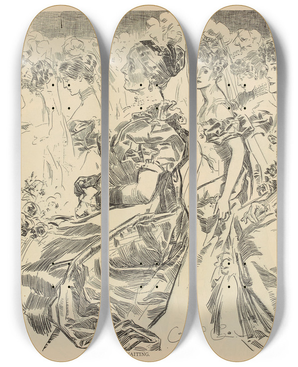 Triptych art skateboard deck of Charles Dana Gibson Waiting_2 by Charles Dana Gibson (1867-1944)