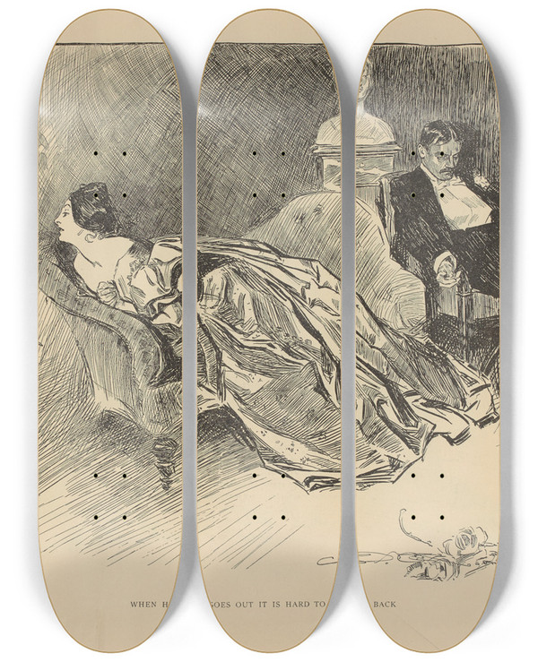 Triptych art skateboard deck of Charles Dana Gibson When He Once Goes Out It Is Hard To Get Him Back_2 by Charles Dana Gibson (1867-1944)