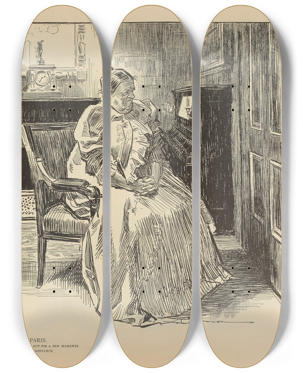 Triptych art skateboard deck of Charles Dana Gibson While In Paris Mr Pipp Just After Dinner Steps Out For A Few Moments by Charles Dana Gibson (1867-1944)