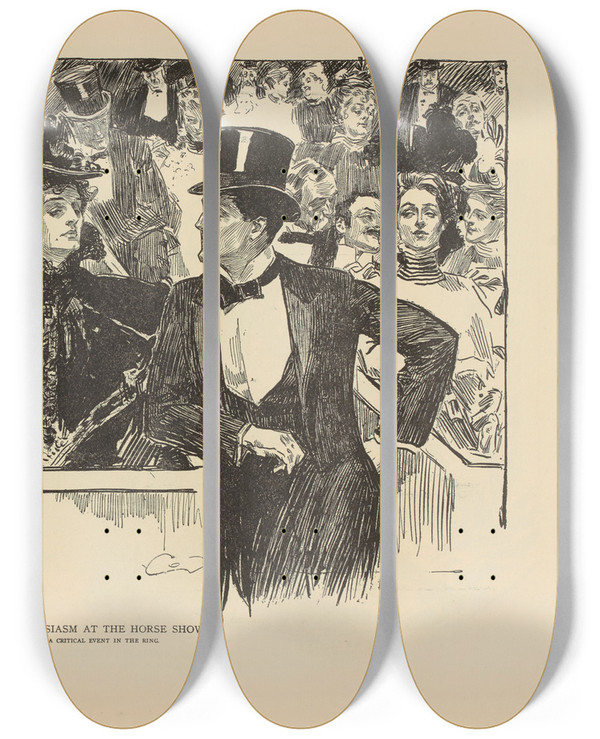 Triptych art skateboard deck of Charles Dana Gibson Wild Enthusiasm At The Horse Show by Charles Dana Gibson (1867-1944)