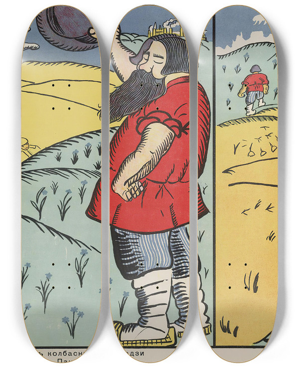 Triptych art skateboard deck of Kazimir Malevich A Butcher Came Along To Lodz We Said Good Day Sir Well Radom Is Near Lodz And Off He Went His Backside Hurting by Kazimir Malevich (1879-1935)