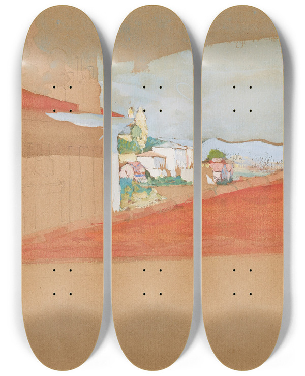 Triptych art skateboard deck of Henriedmond Cross Les Toits Rouges Ze by Henri-Edmond Cross (1856-1910)