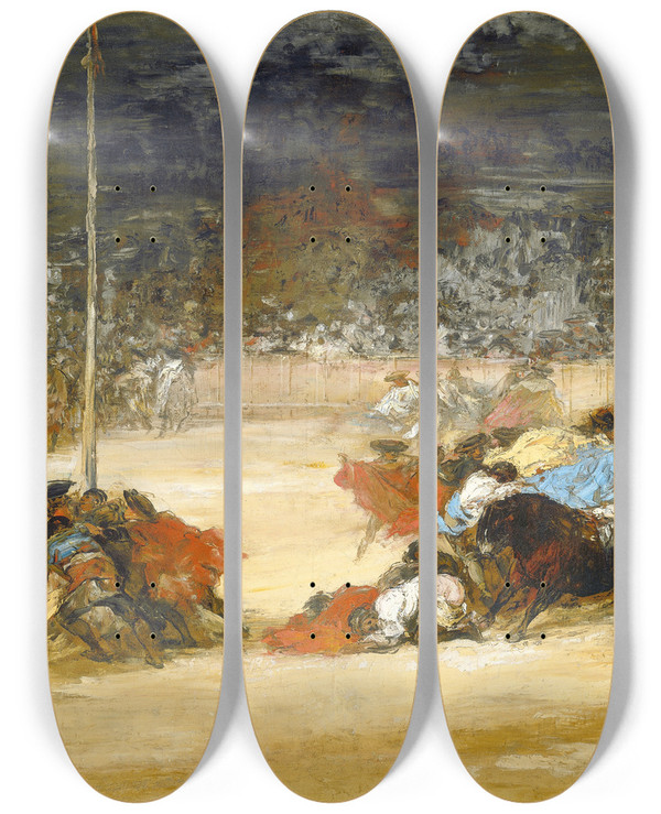 Triptych art skateboard deck of Eugenio Lucas Villamil The Bullfight by Eugenio Lucas Villamil (1858-1918)