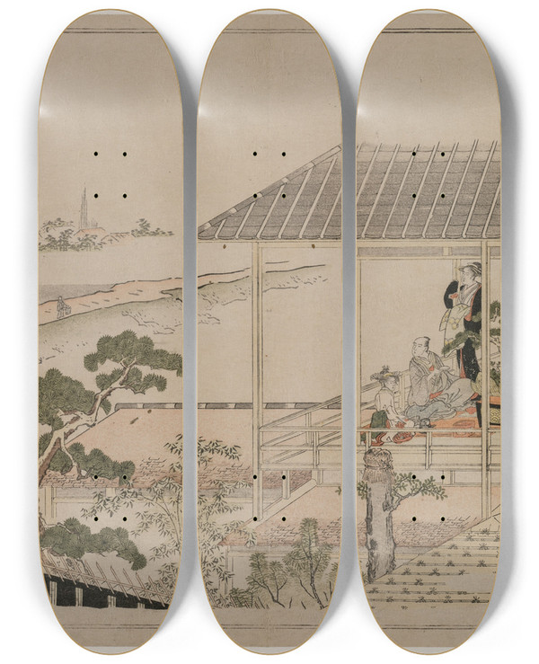 Triptych art skateboard deck of Kitagawa Utamaro Moonrise Over The Nihon Embankment And The Yoshiwara by Kitagawa Utamaro (1753-1806)
