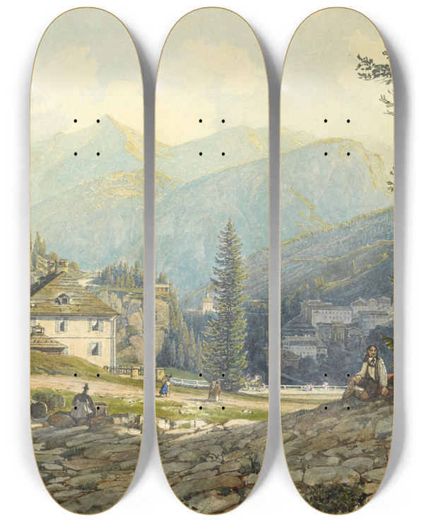 Triptych art skateboard deck of Thomas Ender View Of The Residence Of Archduke Johann In Gastein Hot Springs by Thomas Ender (1793-1875)