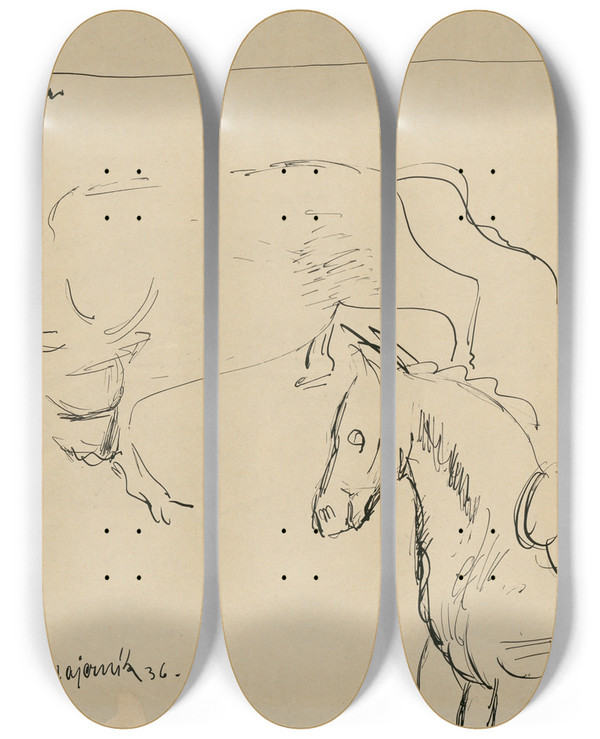 Triptych art skateboard deck of Cyprin Majernk Horse And Bull by Cyprian Majernik (1909-1945)