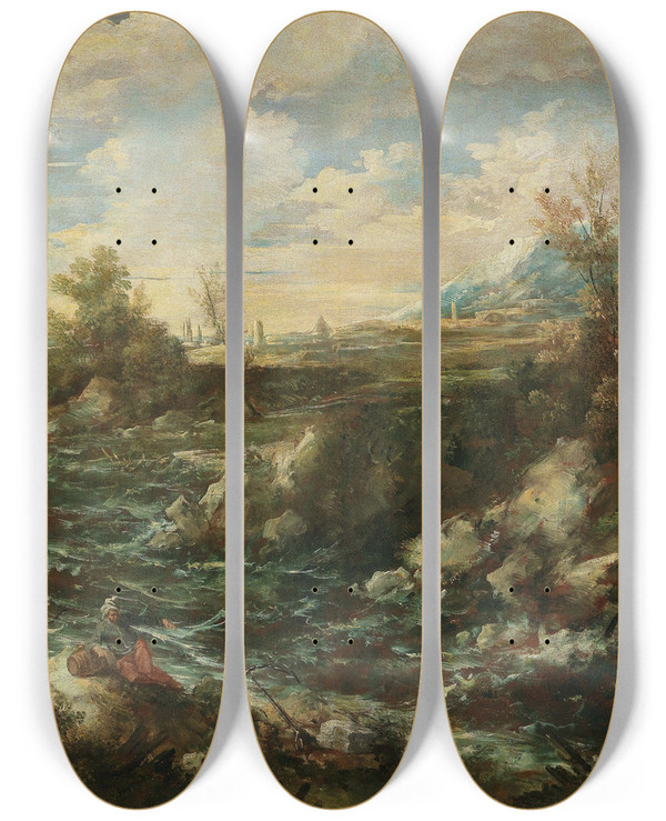Triptych art skateboard deck of Antonio Francesco Peruzzini River Landscape by Antonio Francesco Peruzzini (1646-1724)
