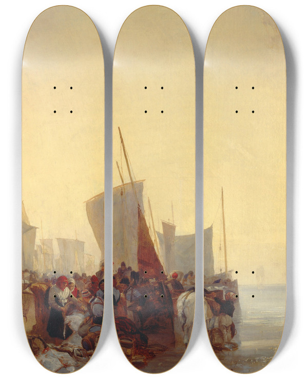 Triptych art skateboard deck of Richard Parkes Bonington Fishmarket by Richard Parkes Bonington (1802-1828)