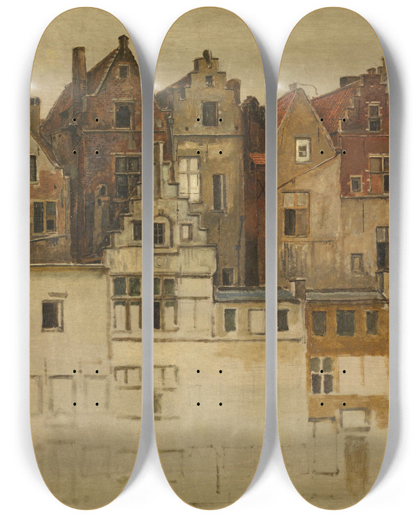 Triptych art skateboard deck of Jan August Hendrik Leys Houses Of Old Antwerp Handschoenmarkt by Jan August Hendrik Leys (1815-1869)