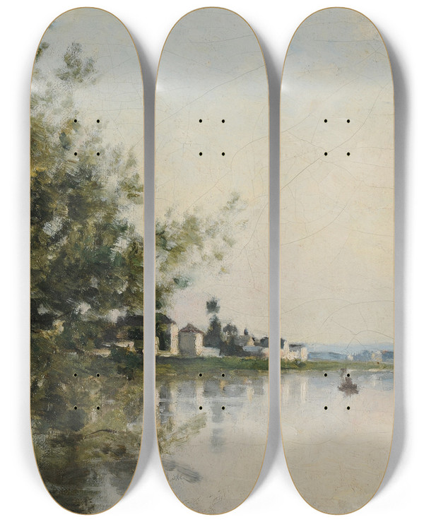 Triptych art skateboard deck of Stanislas Lpine La Seine Saintouen by Stanislas Lepine (1835-1892)