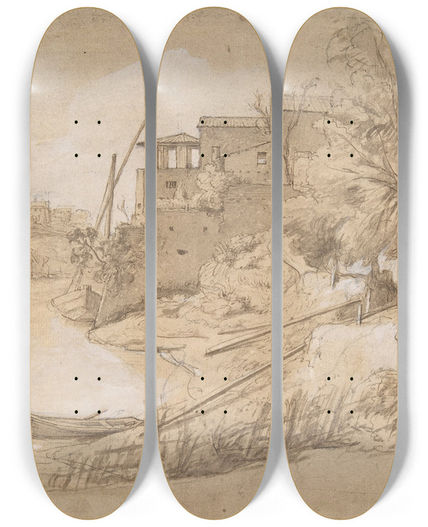 Triptych art skateboard deck of Gaspar Van Wittel River View In Italy by Gaspar Van Wittel (1653-1736)