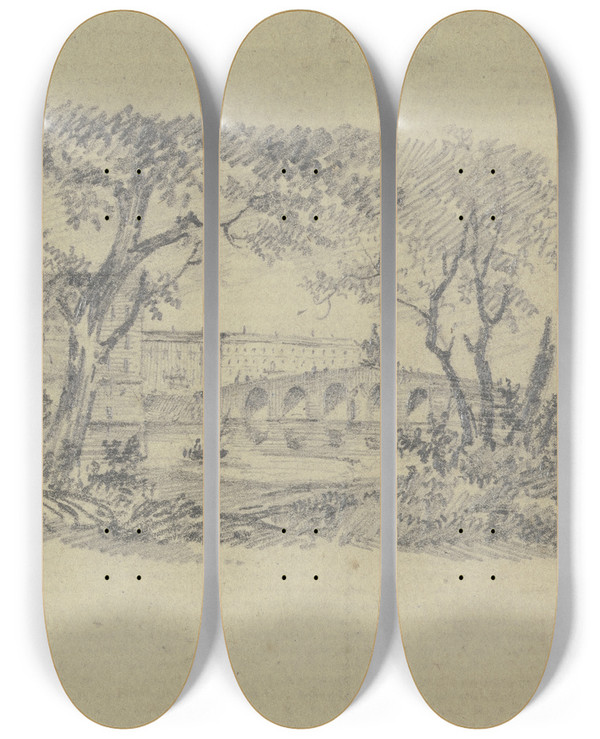 Triptych art skateboard deck of Fritz Bamberger Stadtansicht Mit Steinerner Brcke by Fritz Bamberger (1814-1873)