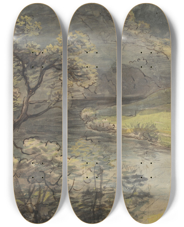 Triptych art skateboard deck of Johann Georg Von Dillis River Landscape by Johann Georg Von Dillis (1759-1841)