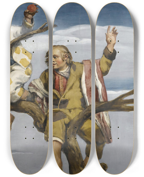 Triptych art skateboard deck of Jos Mara Sert Robando Manzanas Scrumping Apples by Jose Maria Sert (1874-1945)