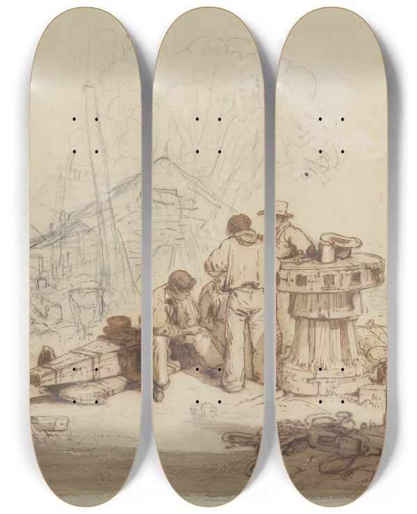 Triptych art skateboard deck of Edward Duncan Study Of Fishermen And Gear by Edward Duncan (1803-1882)