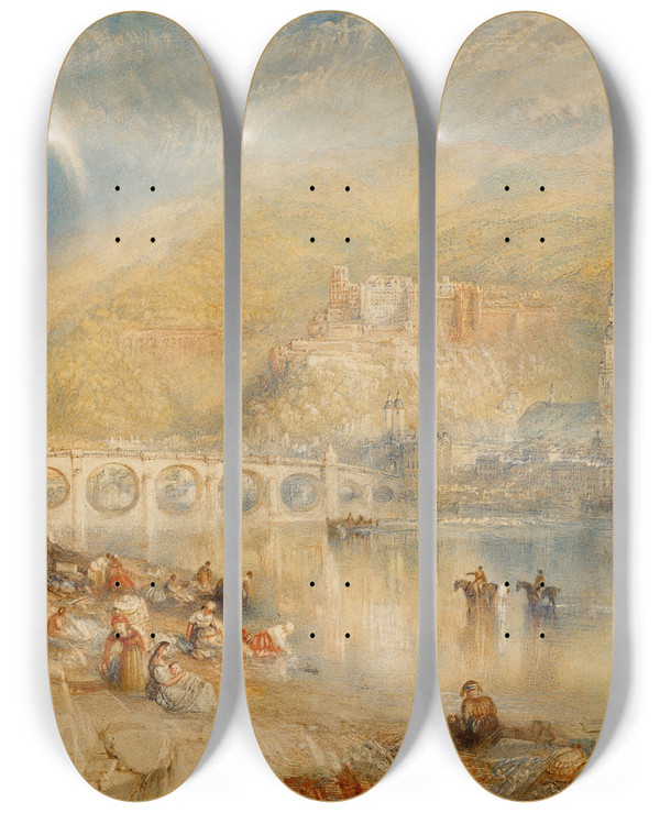 Triptych art skateboard deck of Joseph Mallord William Turner Heidelberg With A Rainbow by Joseph Mallord William Turner (1775-1851)